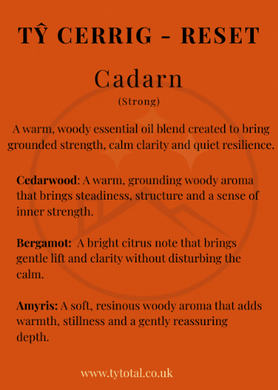 Tŷ Cerrig RESET Cadarn (Strong) scent card describing cedarwood, bergamot and amyris essential oils.