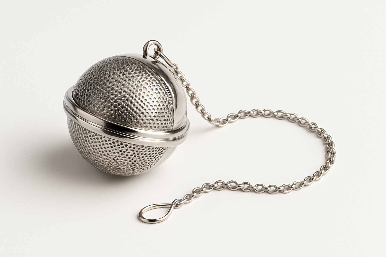 A small ball silver tea strainer with chain