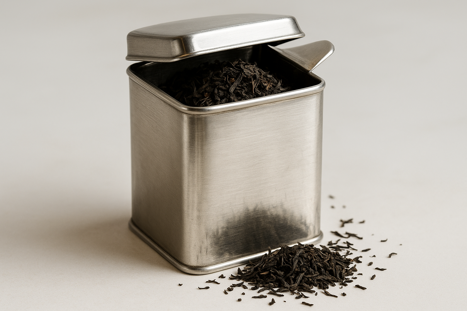 A small rectangle silver te caddy with loose tea