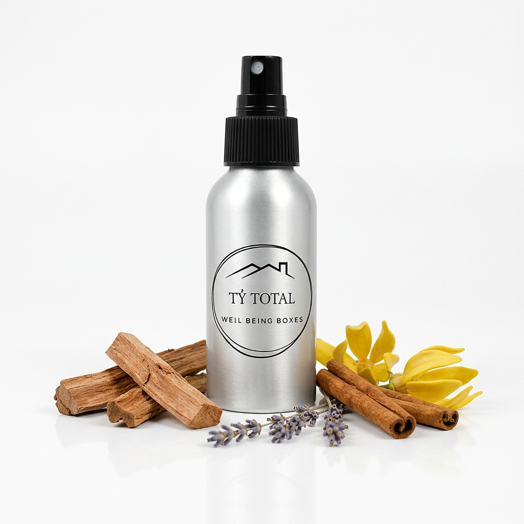 Cwtch Nos (Night Hug) aluminium room spray bottle with cedarwood, cinnamon bark, lavender and ylang-ylang botanicals.