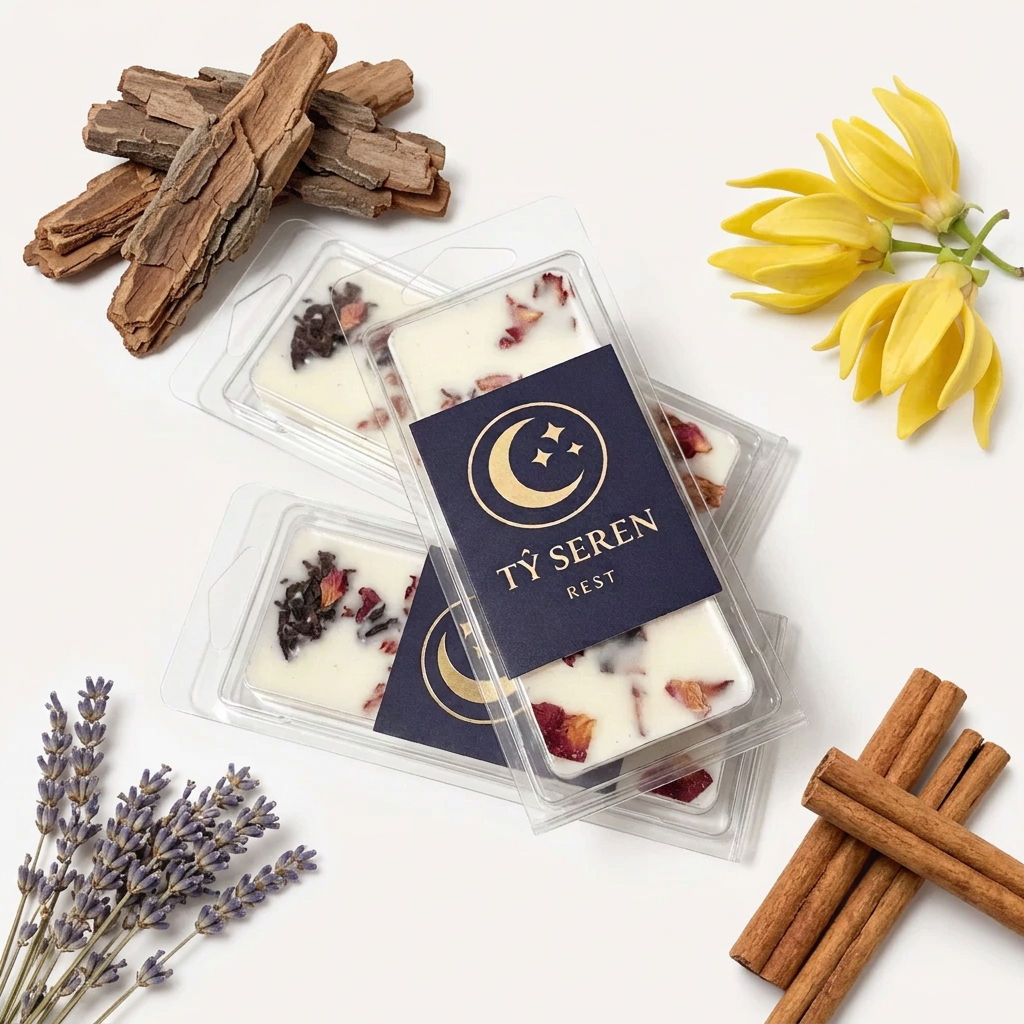Cwtch Nos (Night Hug) aromatherapy wax melt snap bars in Tŷ Seren packaging, with cedarwood, cinnamon, lavender and ylang-ylang.