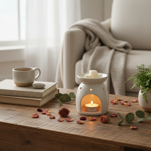 RECONNECT Calon wax melt lifestyle shot with warmer in cozy home setting