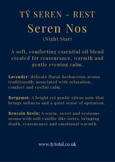 Tŷ Seren Rest, Seren Nos (Night Star) scent card describing lavender, bergamot and benzoin resin essential oils.