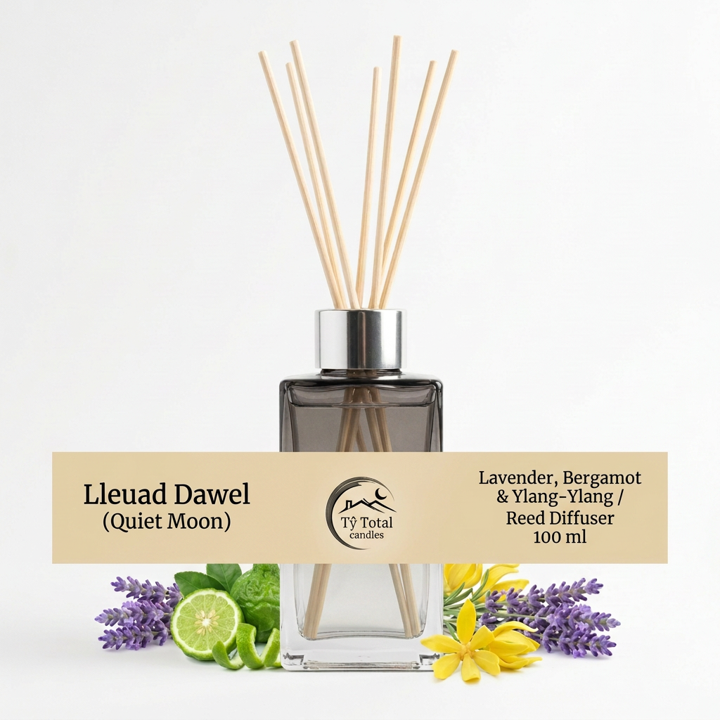Lleuad Dawel (Quiet Moon) 100 ml smoked-grey reed diffuser with a silver cap and natural-colour reeds, styled with lavender, bergamot and ylang-ylang.