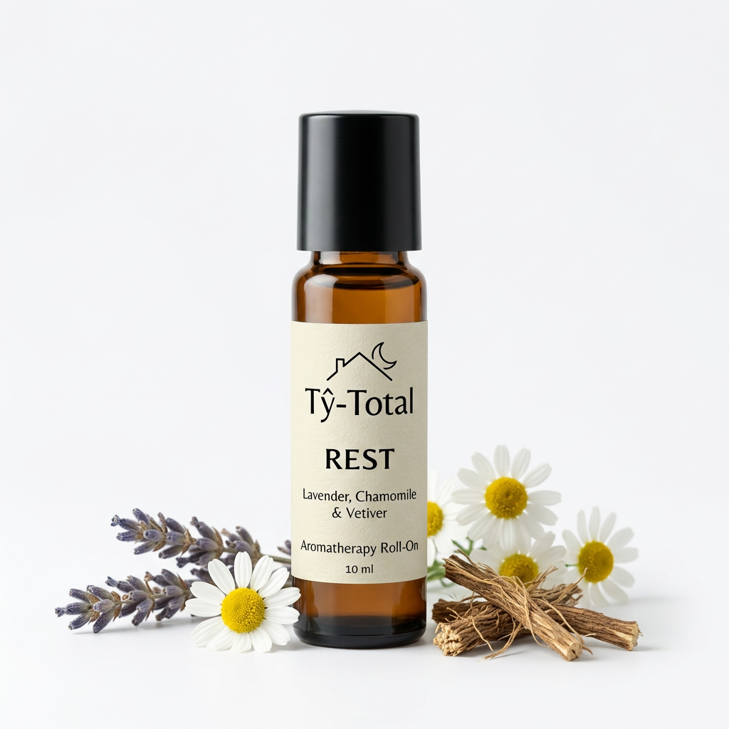 Tŷ-Total REST 10 ml aromatherapy roll-on bottle with lavender sprigs, chamomile flowers and vetiver roots.