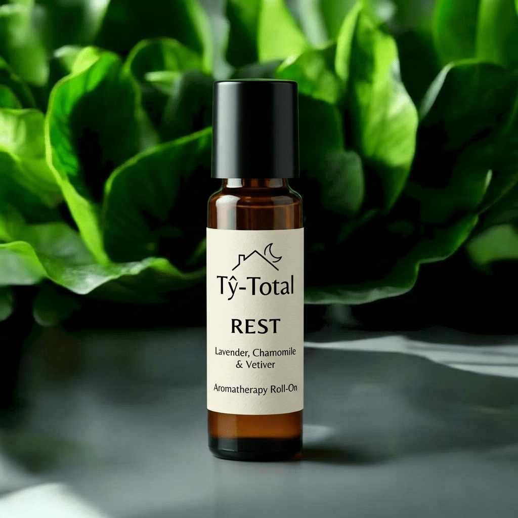 Tŷ-Total REST lavender, chamomile and vetiver aromatherapy roll-on in an amber bottle with a black cap, against green foliage.