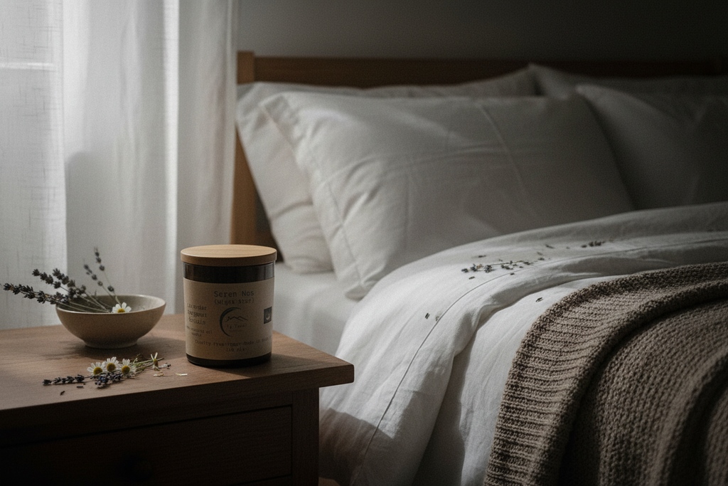 Candle rest and slepp next to a bed with lavender.