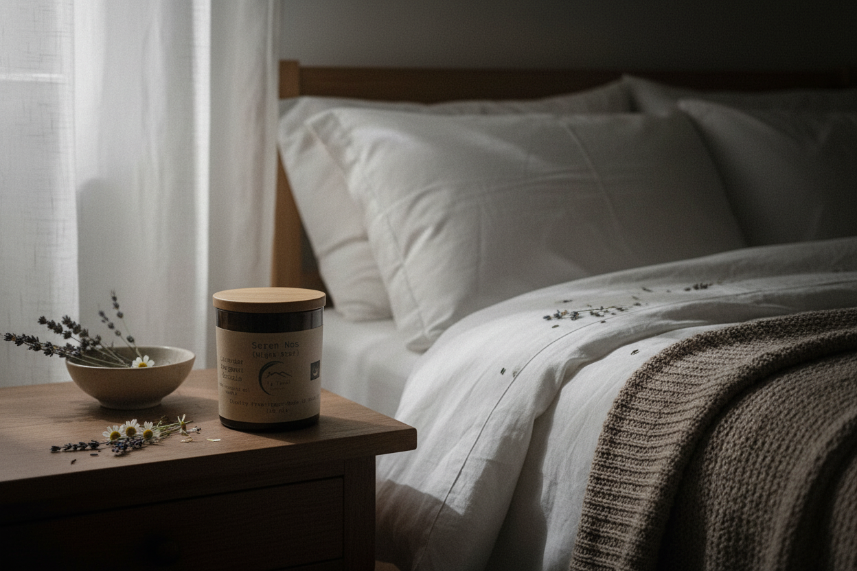 Candle rest and slepp next to a bed with lavender.